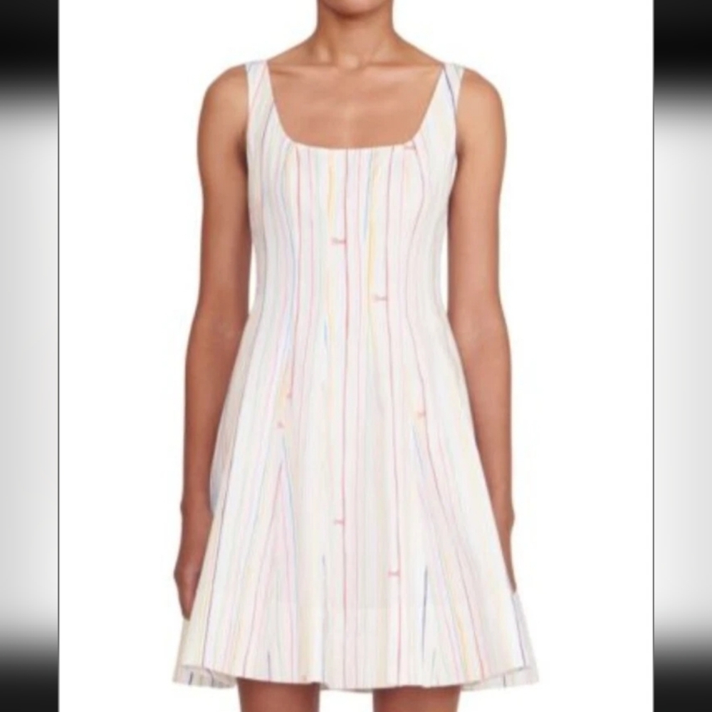 STAUD White Mini Dress with Multicolor Pinstripes